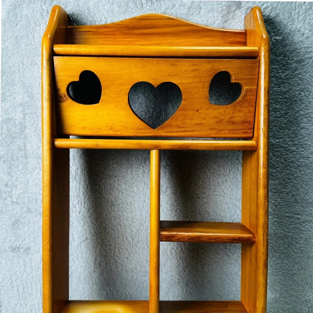 Vintage 80s Wood Wall Shelf Heart Cutout Curio Display 3 Pegs Cottagecore